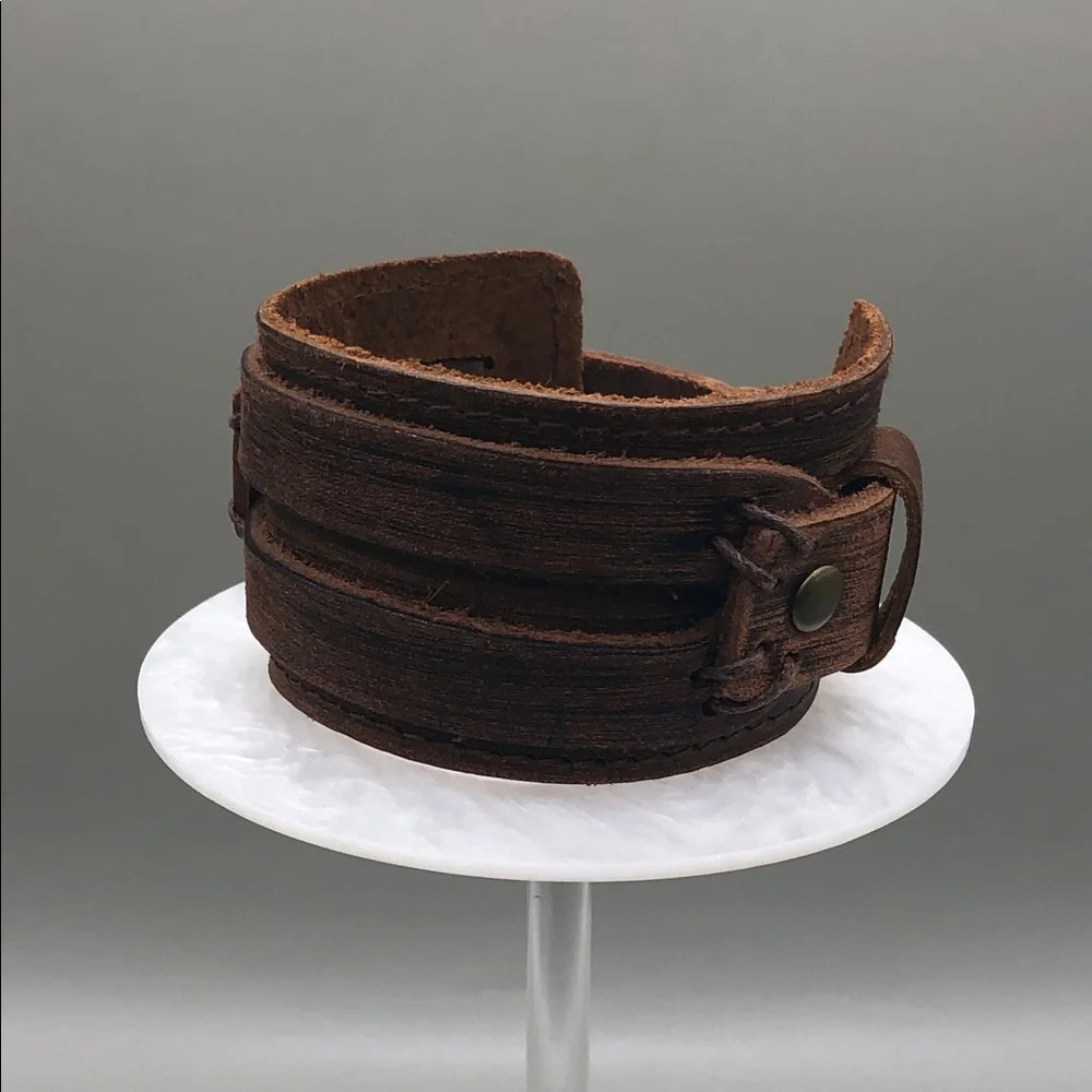 Brown leather artisan handcrafted handmade wide bracelet UNISEX New NWOT